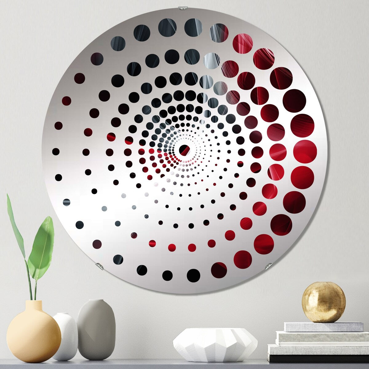 Designart "Red Black Contemplative Abstraction X" - Modern Abstract Modern Waves Spiral Circle Wall Mirror