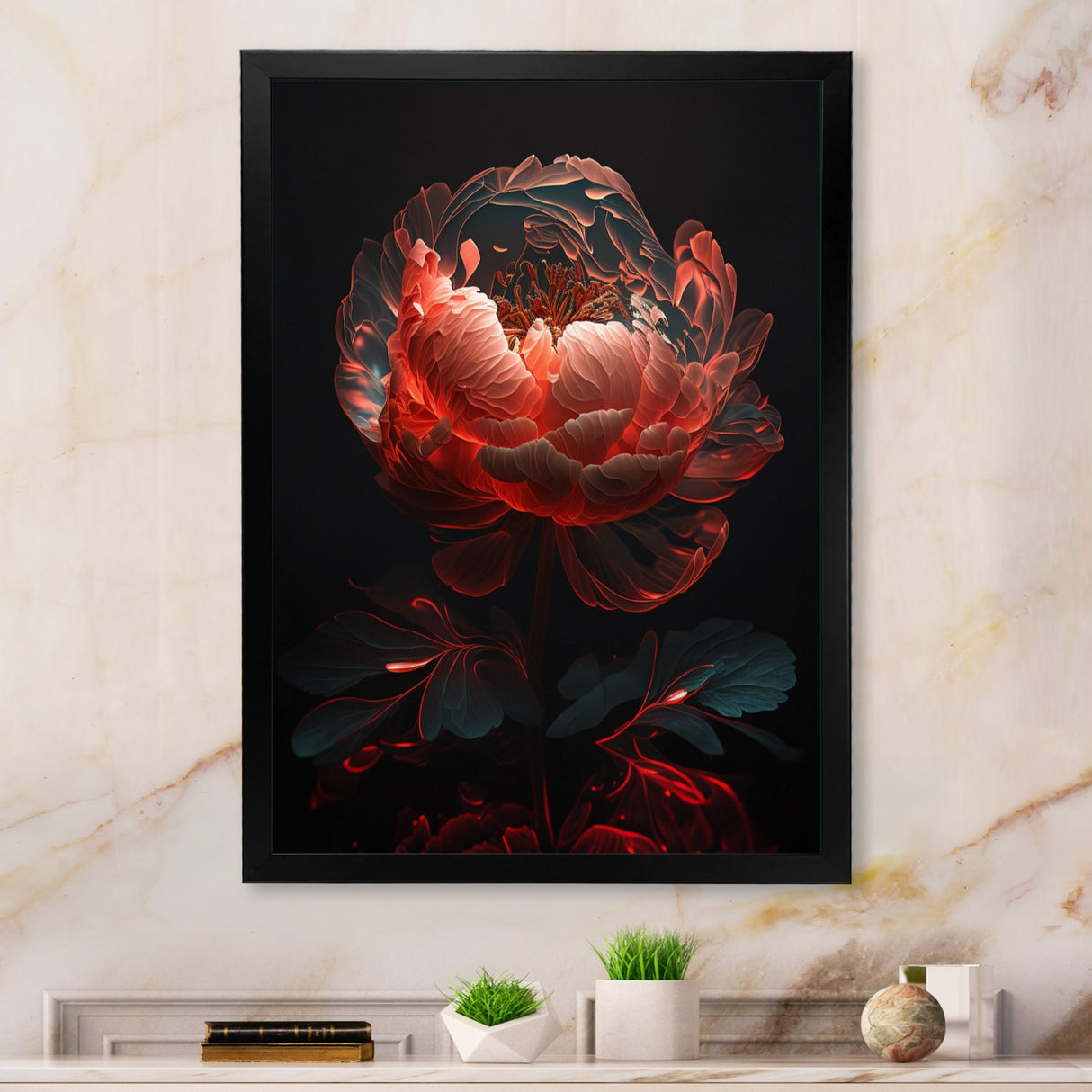 Designart "Red Black Peonies Petals" Floral Peony Framed Canvas Wall Art