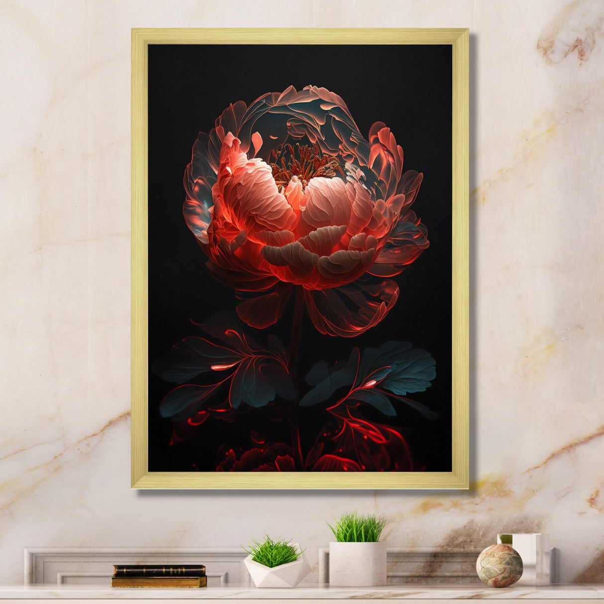 Designart "Red Black Peonies Petals" Floral Peony Framed Canvas Wall Art