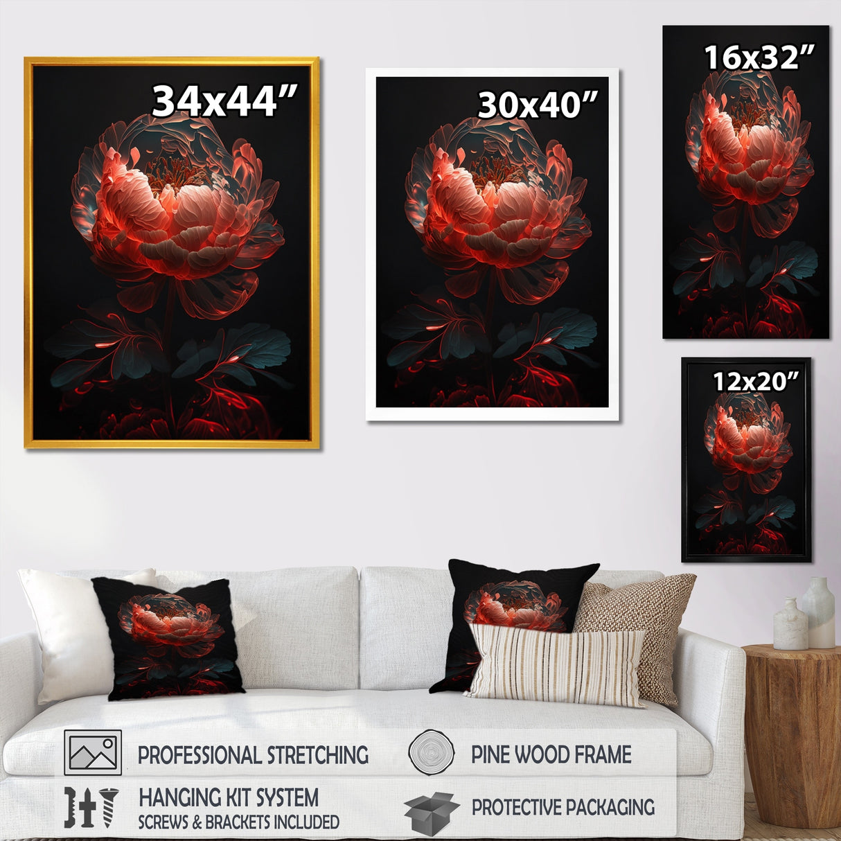Designart "Red Black Peonies Petals" Floral Peony Framed Canvas Wall Art