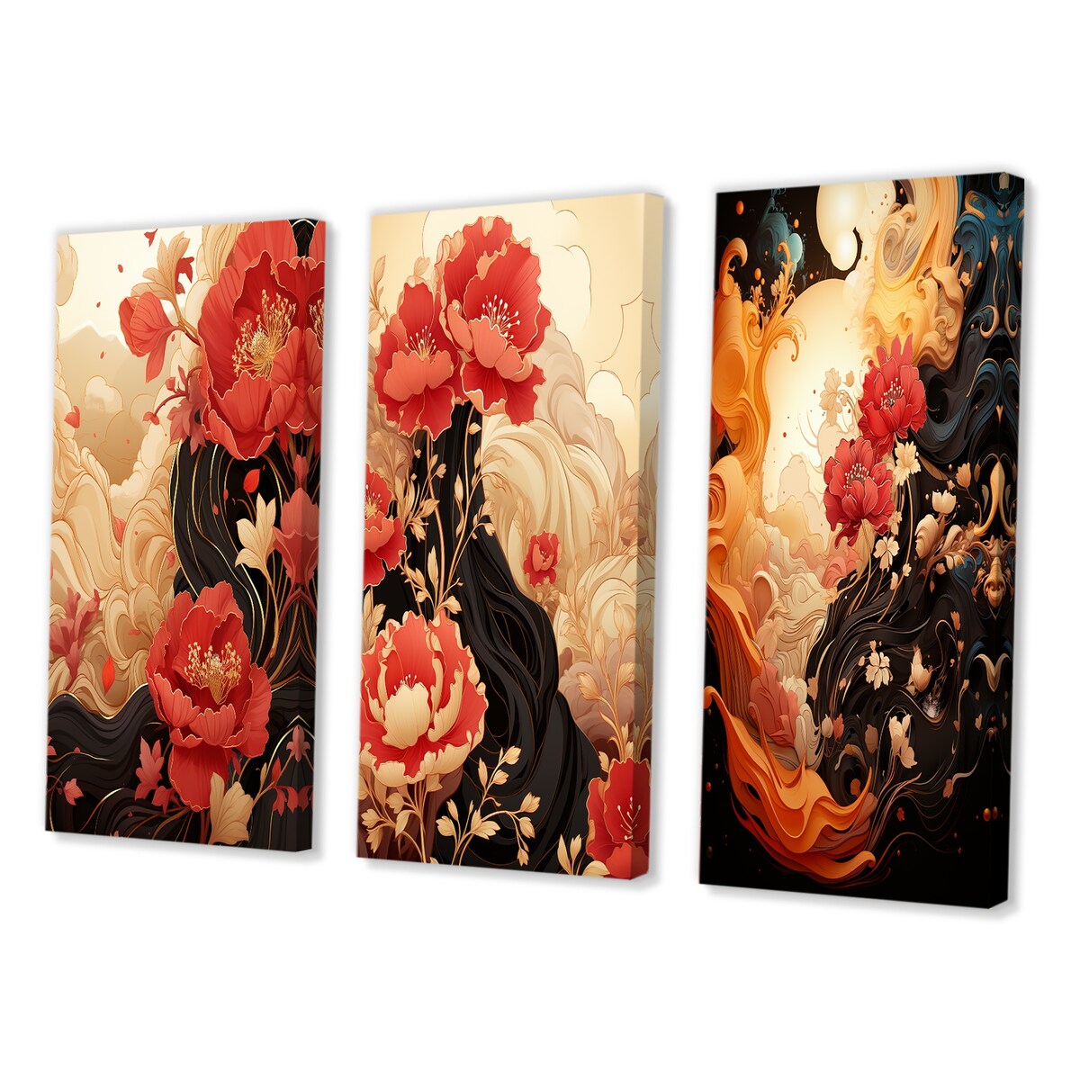 Designart "Red Chrysanthemums on Branch Japanese Retro V" Chrysanthemums Red - Canvas Set Of 3 For Living Room Decor