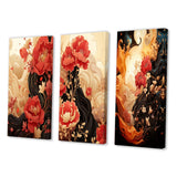 Designart "Red Chrysanthemums on Branch Japanese Retro V" Chrysanthemums Red - Canvas Set Of 3 For Living Room Decor