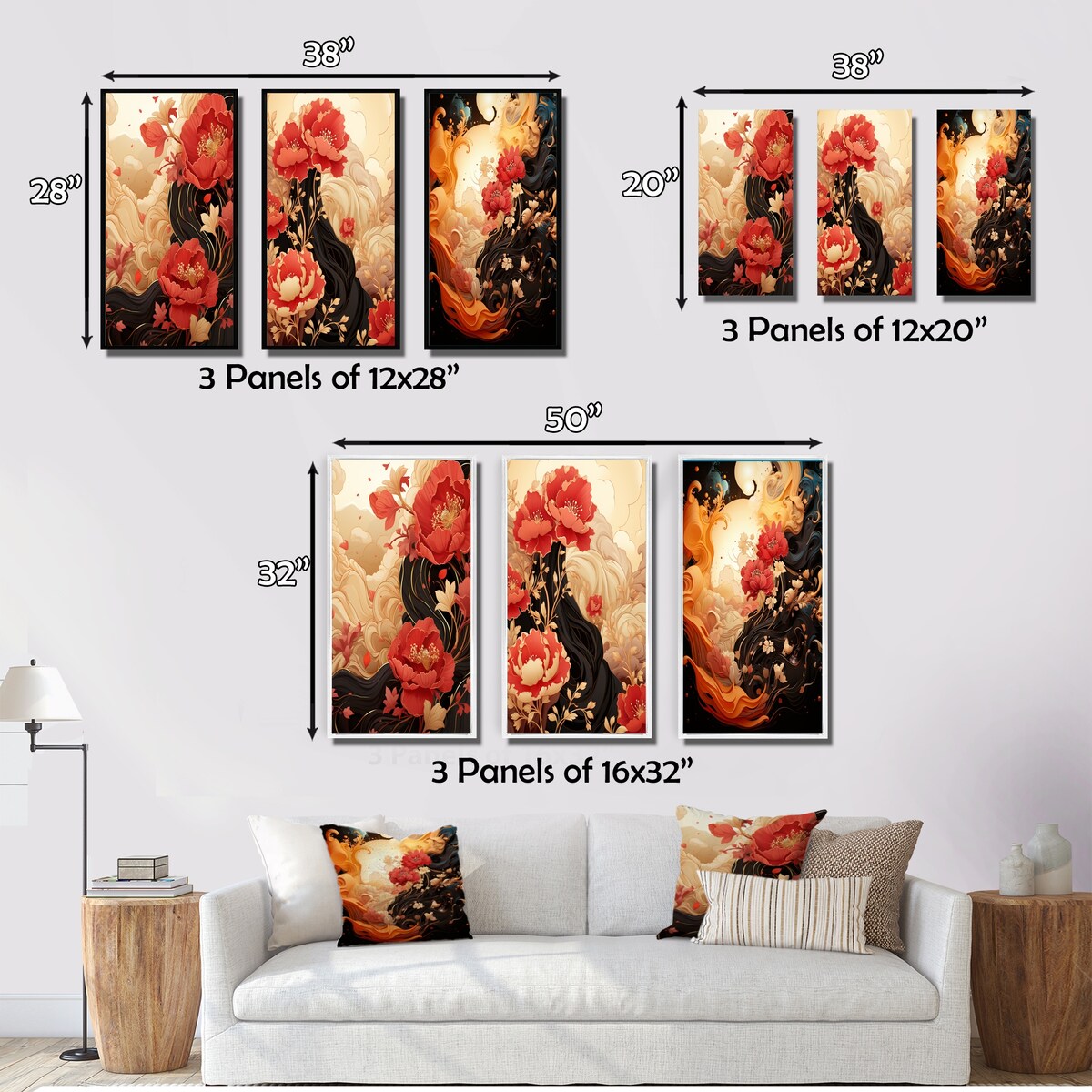 Designart "Red Chrysanthemums on Branch Japanese Retro V" Chrysanthemums Red - Canvas Set Of 3 For Living Room Decor