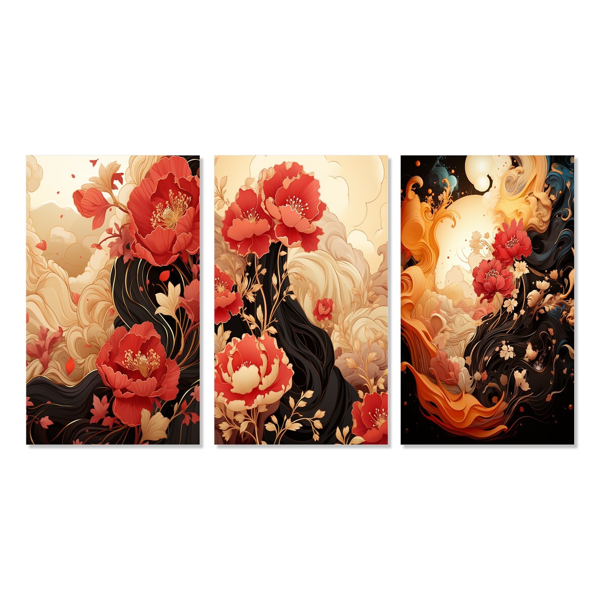 Designart "Red Chrysanthemums on Branch Japanese Retro V" Chrysanthemums Red - Canvas Set Of 3 For Living Room Decor