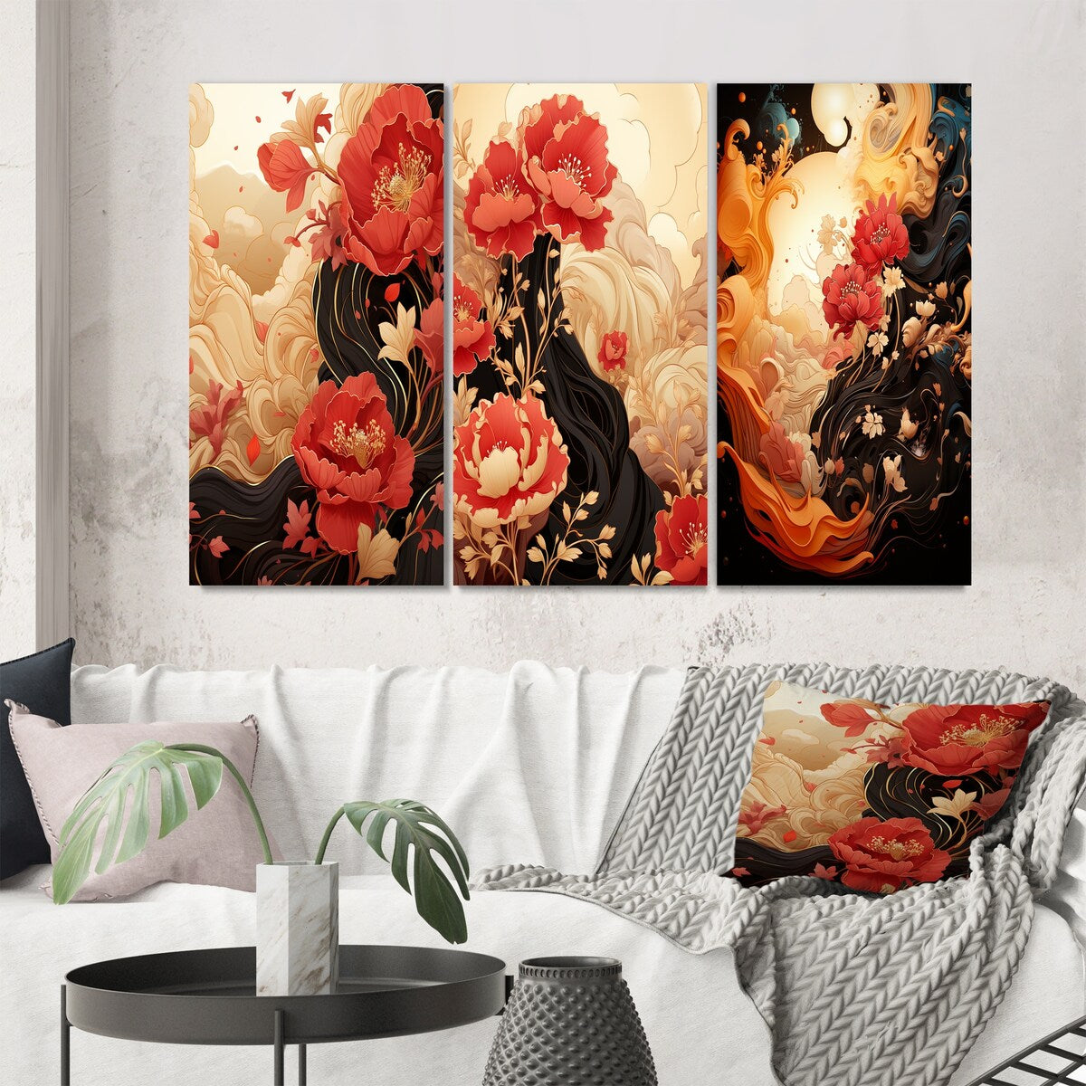 Designart "Red Chrysanthemums on Branch Japanese Retro V" Chrysanthemums Red - Canvas Set Of 3 For Living Room Decor