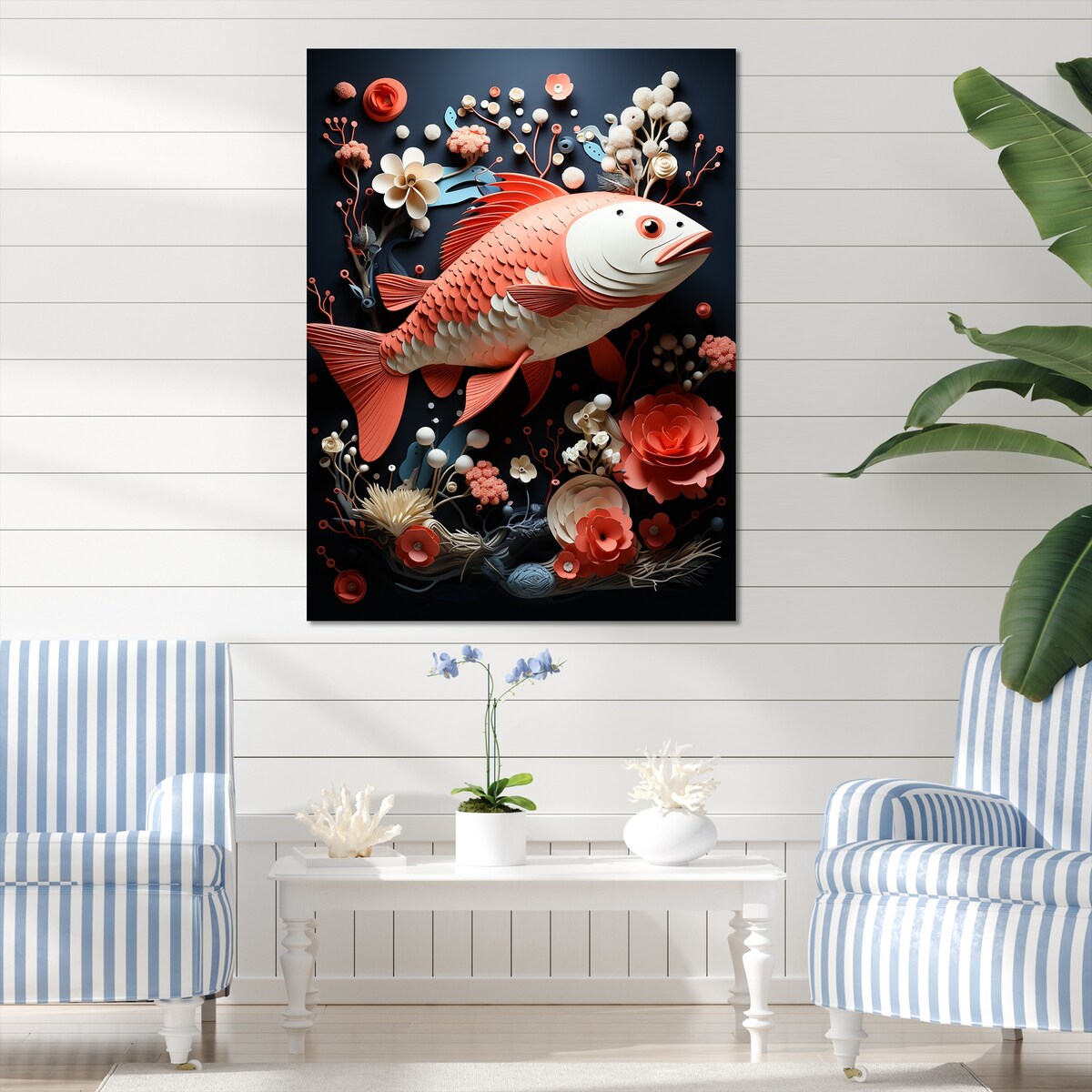 Designart "Red Fish And Small Animal Underwater Coral " Coastal Coral Under Water Wall Art