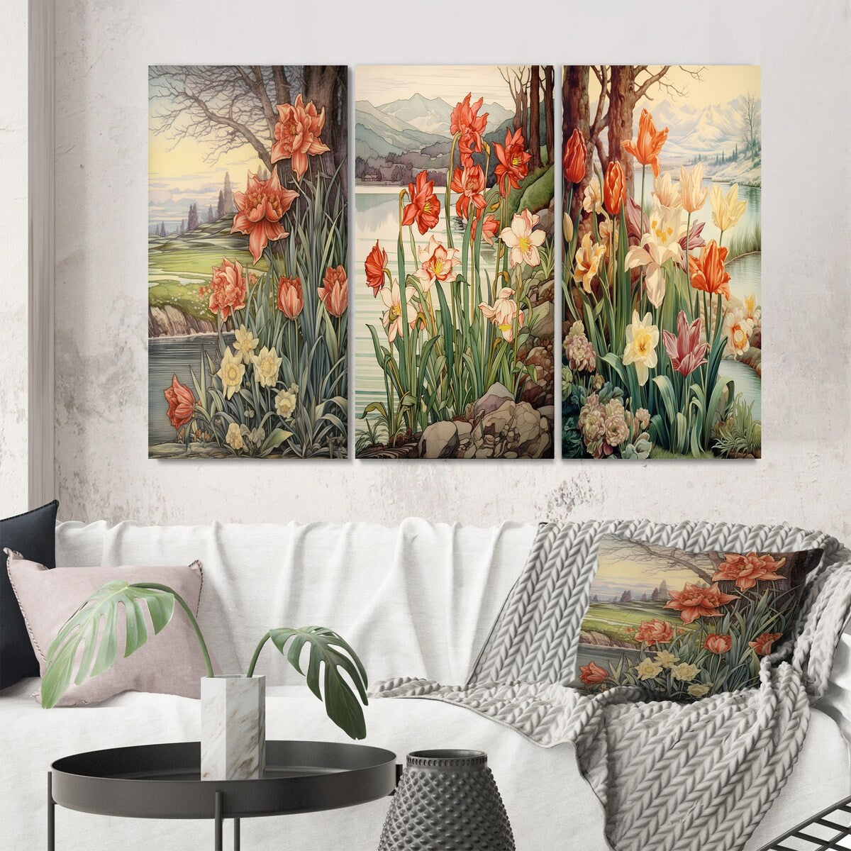 Designart "Red Tulips Blooming Retro Illustration III" Wildflowers Red - Gallery Set Of 3 For Office Decor