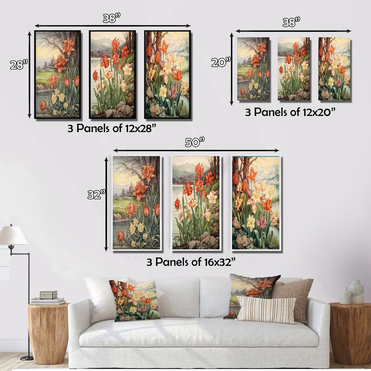 Designart "Red Tulips Blooming Retro Illustration III" Wildflowers Red - Gallery Set Of 3 For Office Decor
