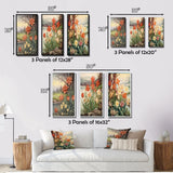 Designart "Red Tulips Blooming Retro Illustration III" Wildflowers Red - Gallery Set Of 3 For Office Decor