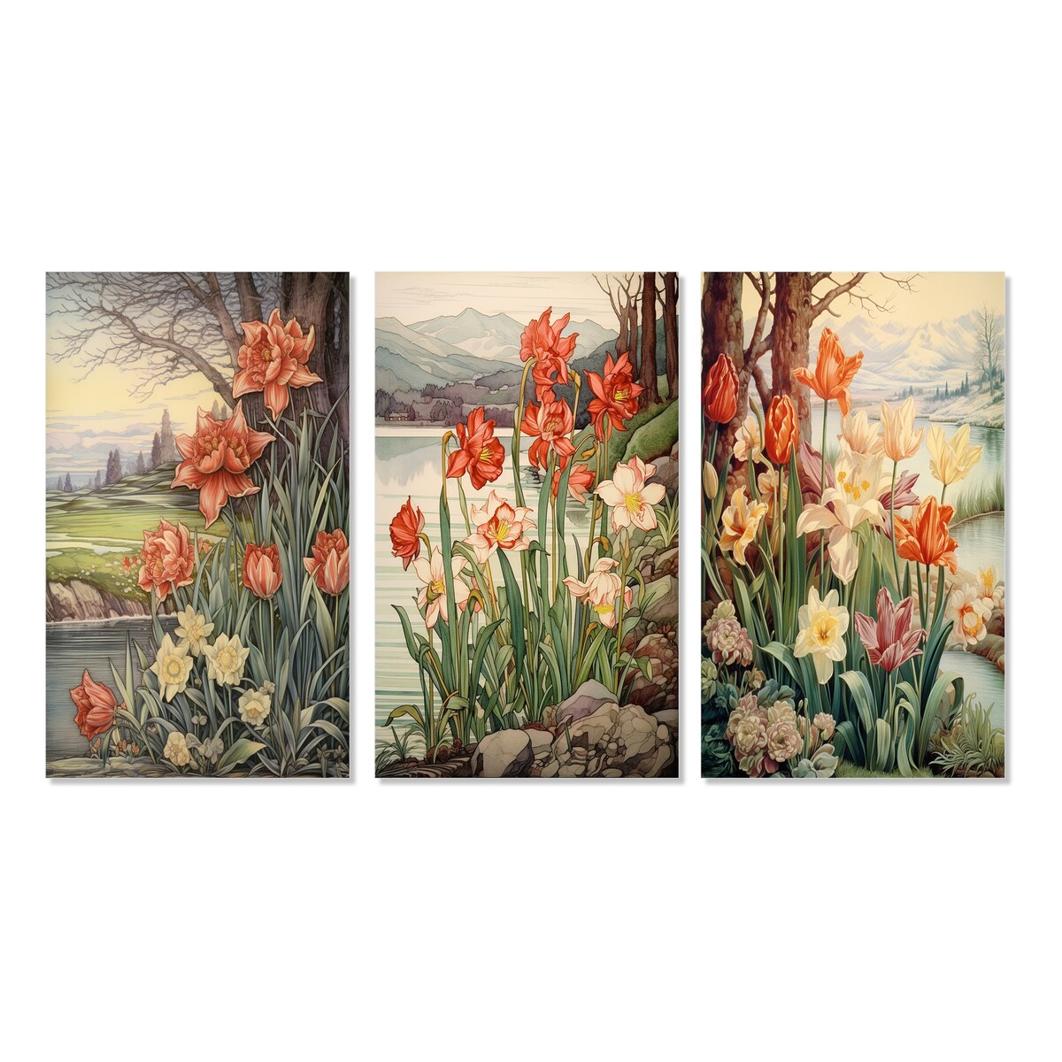 Designart "Red Tulips Blooming Retro Illustration III" Wildflowers Red - Gallery Set Of 3 For Office Decor