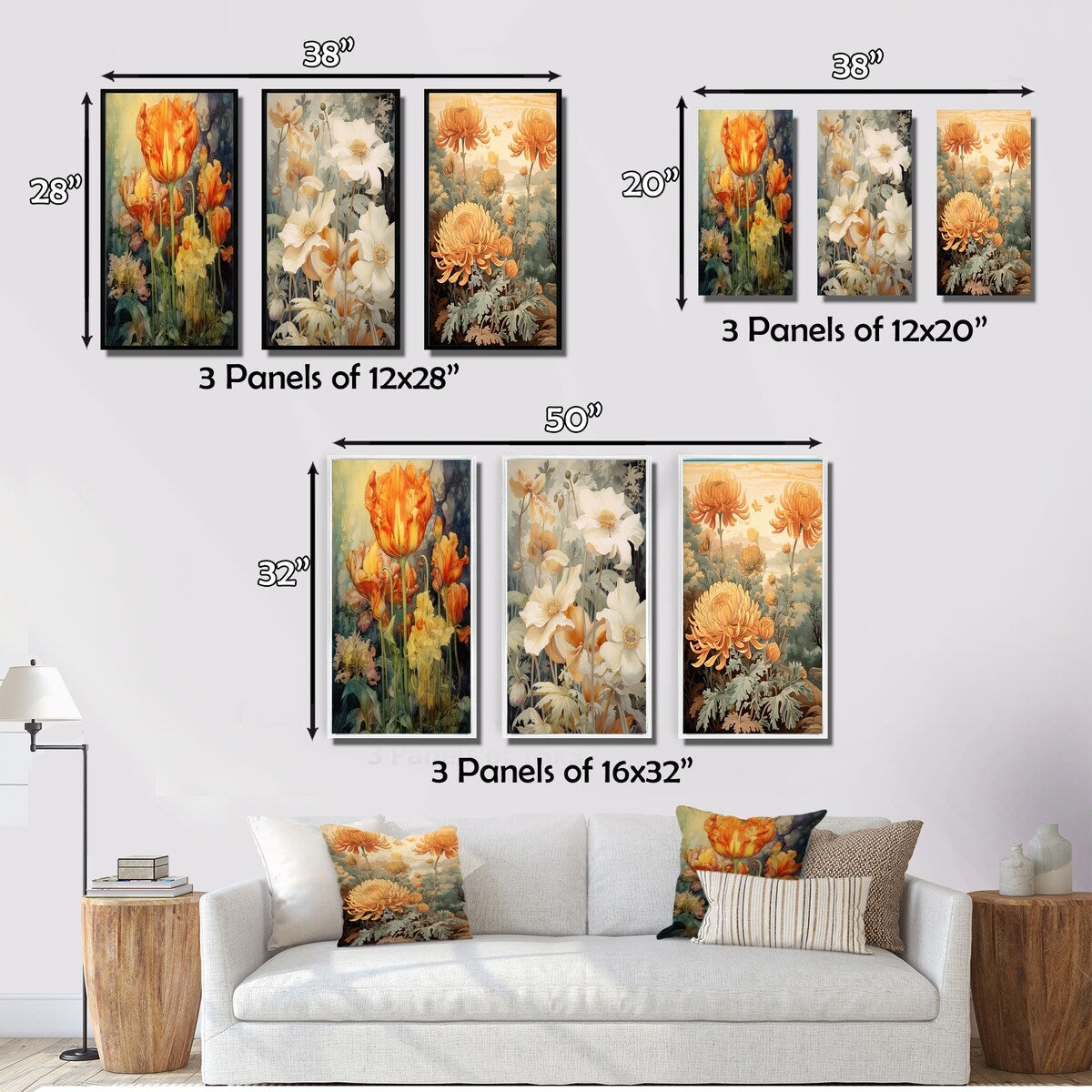 Designart "Red Tulips Blooming Retro Illustration" Wildflowers Orange - Canvas Set Of 3 For Living Room Decor