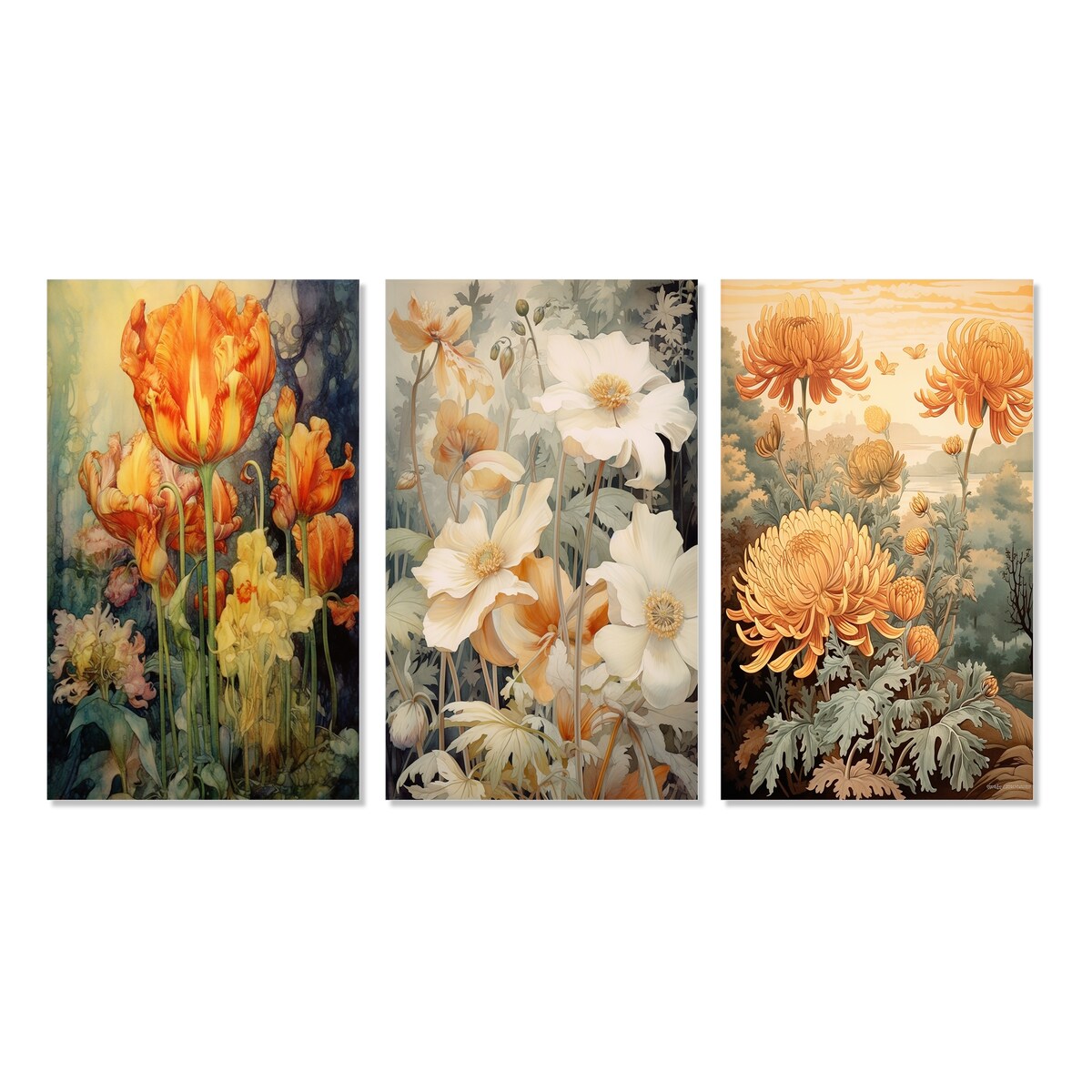 Designart "Red Tulips Blooming Retro Illustration" Wildflowers Orange - Canvas Set Of 3 For Living Room Decor