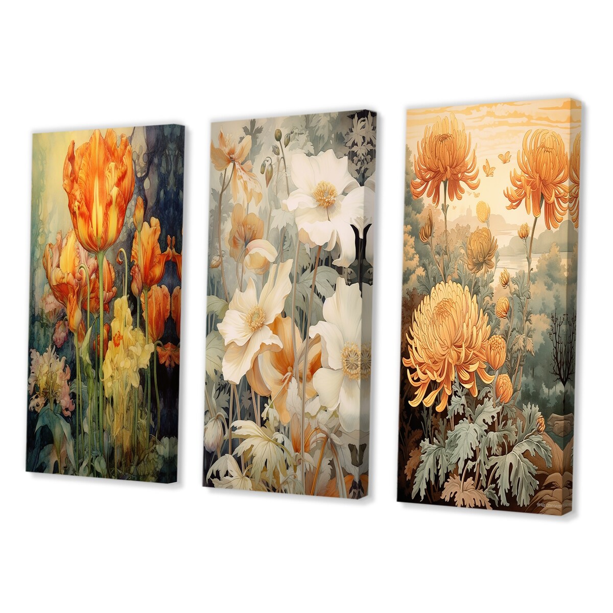 Designart "Red Tulips Blooming Retro Illustration" Wildflowers Orange - Canvas Set Of 3 For Living Room Decor