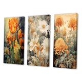 Designart "Red Tulips Blooming Retro Illustration" Wildflowers Orange - Canvas Set Of 3 For Living Room Decor