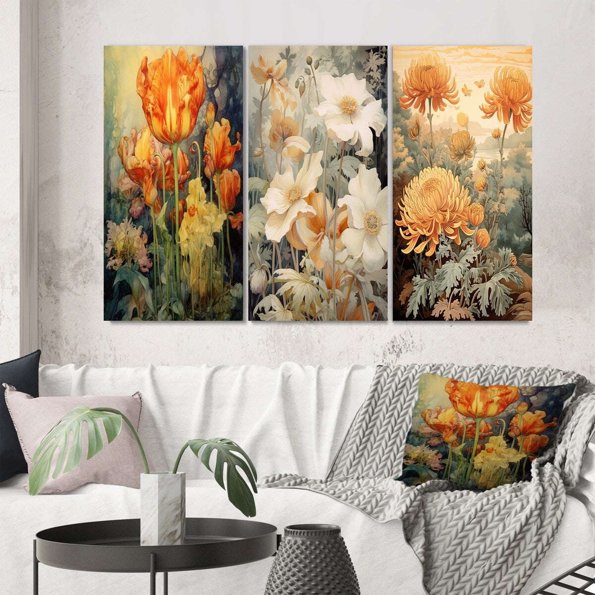 Designart "Red Tulips Blooming Retro Illustration" Wildflowers Orange - Canvas Set Of 3 For Living Room Decor