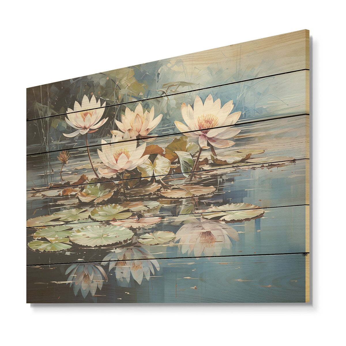 Designart "Reflective Lotus Stillness Meditation I" Lotus Wood Wall Decor Modern Blue Wood Panel On Natural Pine Wood