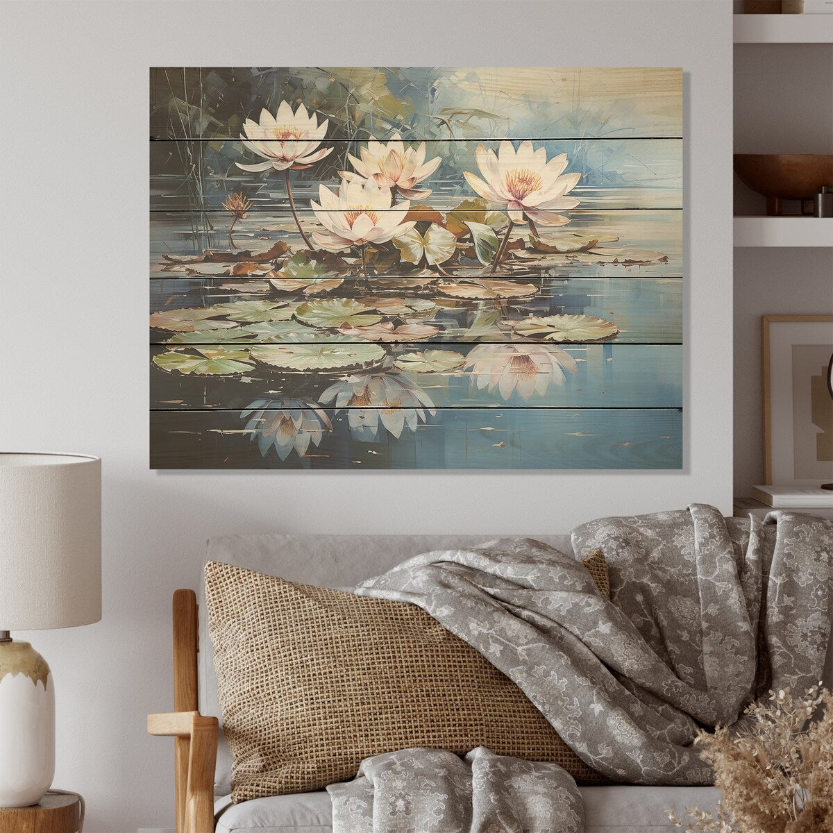 Designart "Reflective Lotus Stillness Meditation I" Lotus Wood Wall Decor Modern Blue Wood Panel On Natural Pine Wood