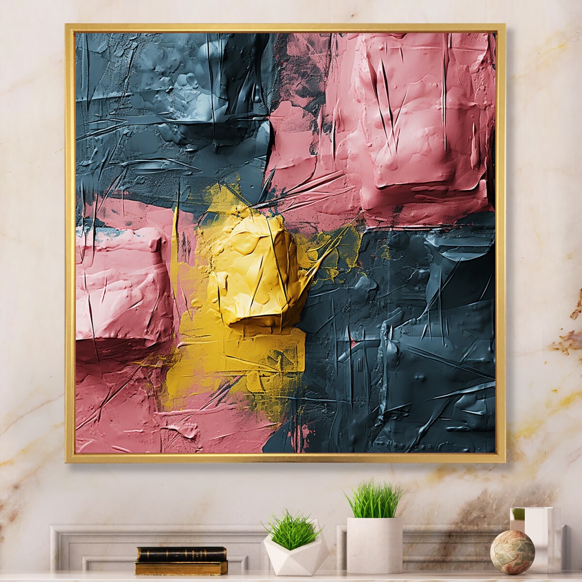 Designart "Rejoicing In Love Pink And Gold Abstract Painting" Abstract Painting Framed Wall Art Prints