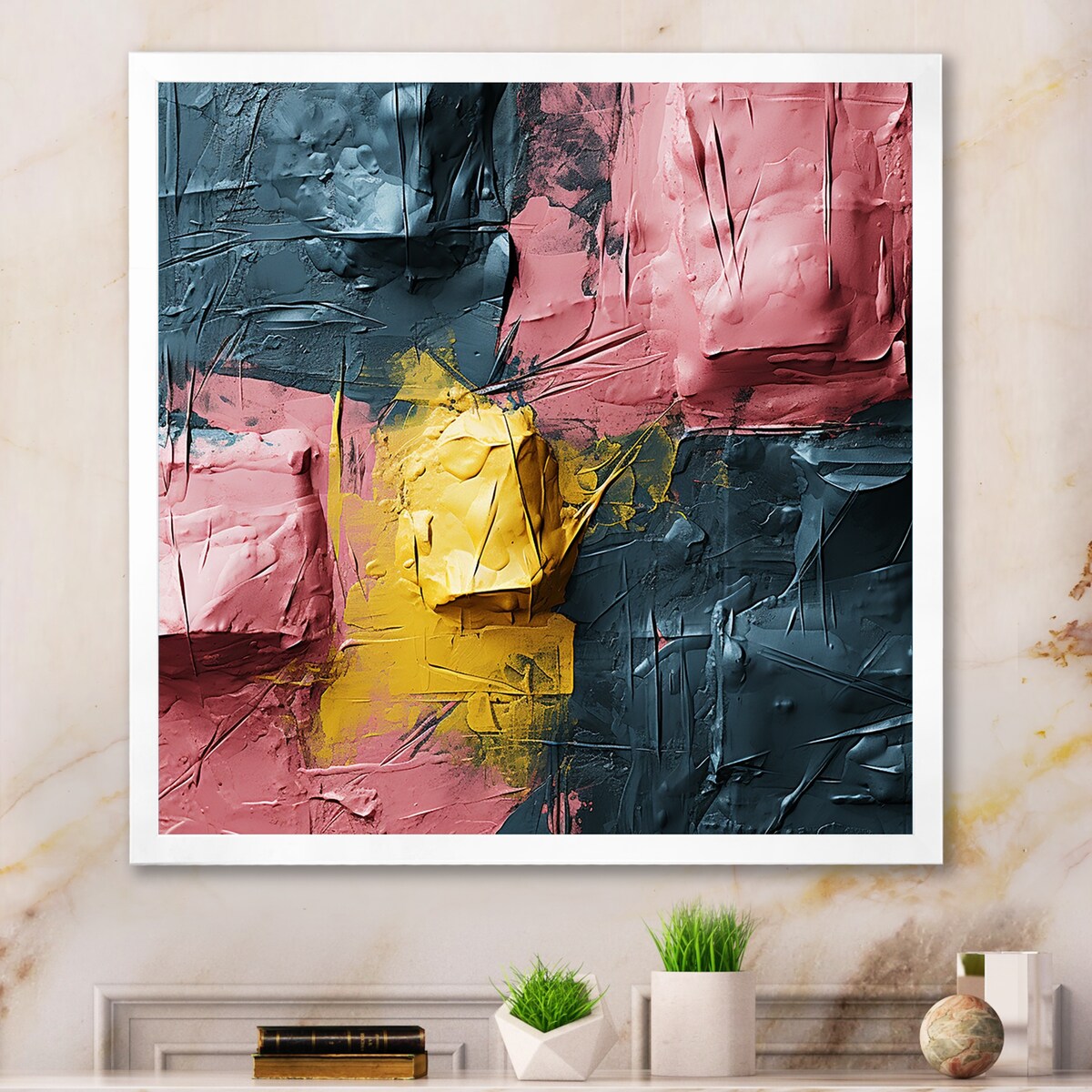 Designart "Rejoicing In Love Pink And Gold Abstract Painting" Abstract Painting Framed Wall Art Prints
