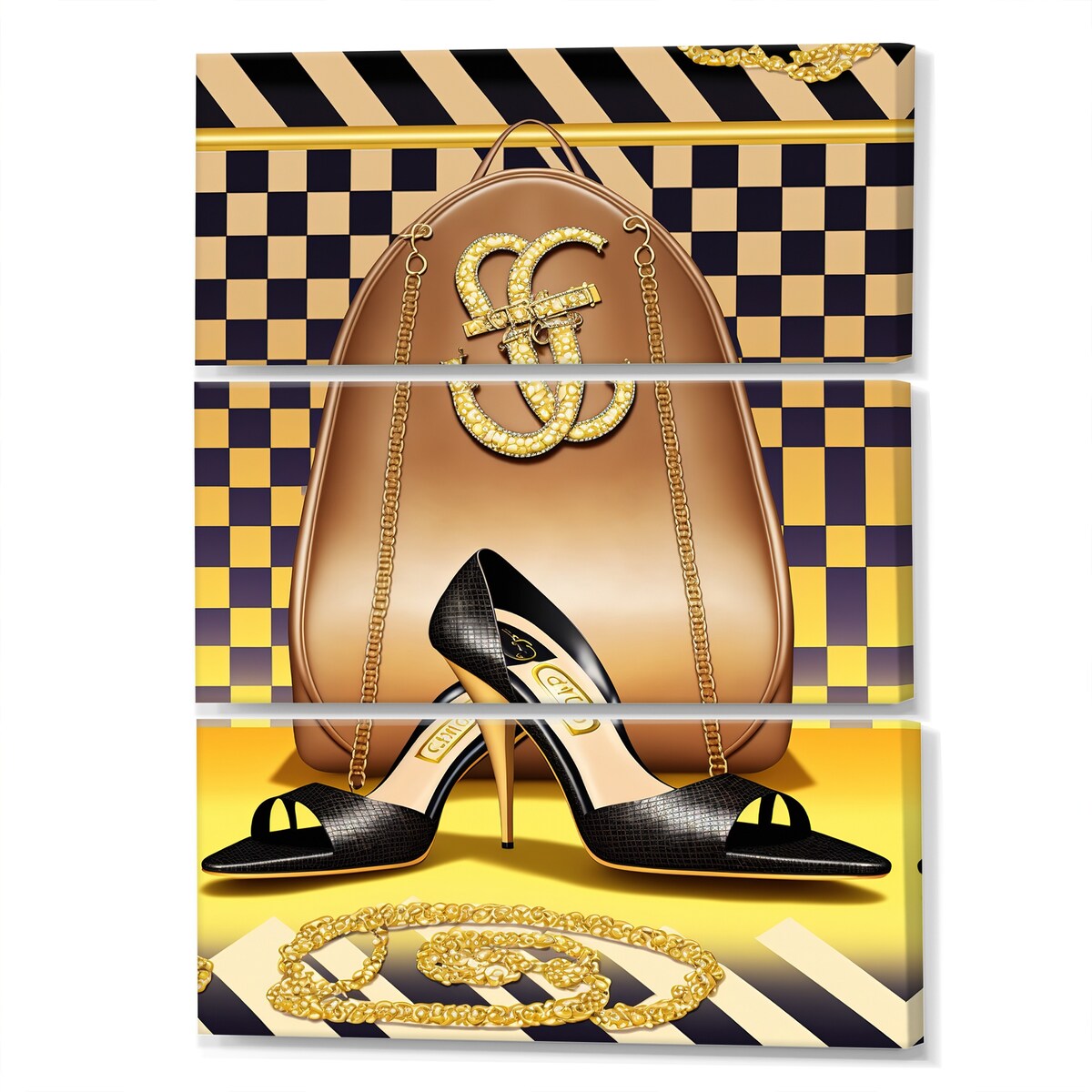 Designart "Retro Art Deco High Heel Shoe V" Fashion Shoes Canvas Art Print - 3 Panels