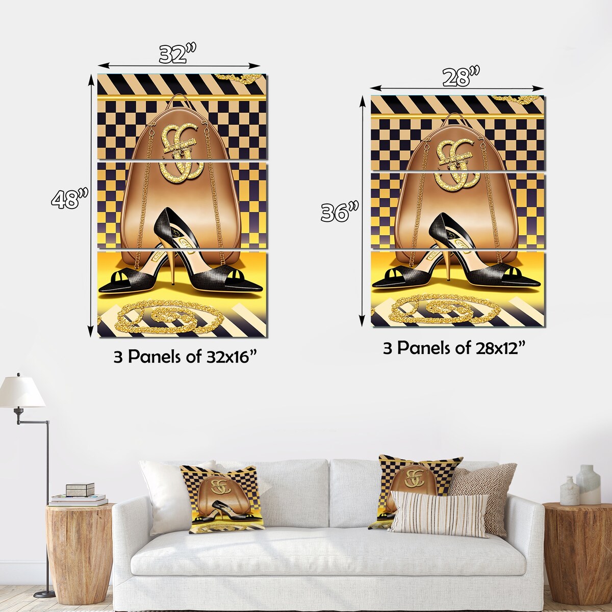 Designart "Retro Art Deco High Heel Shoe V" Fashion Shoes Canvas Art Print - 3 Panels