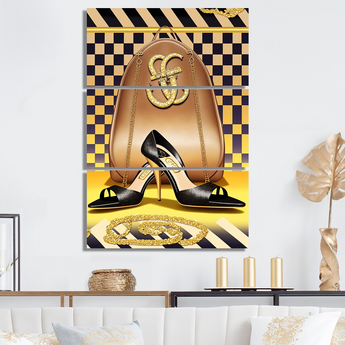 Designart "Retro Art Deco High Heel Shoe V" Fashion Shoes Canvas Art Print - 3 Panels