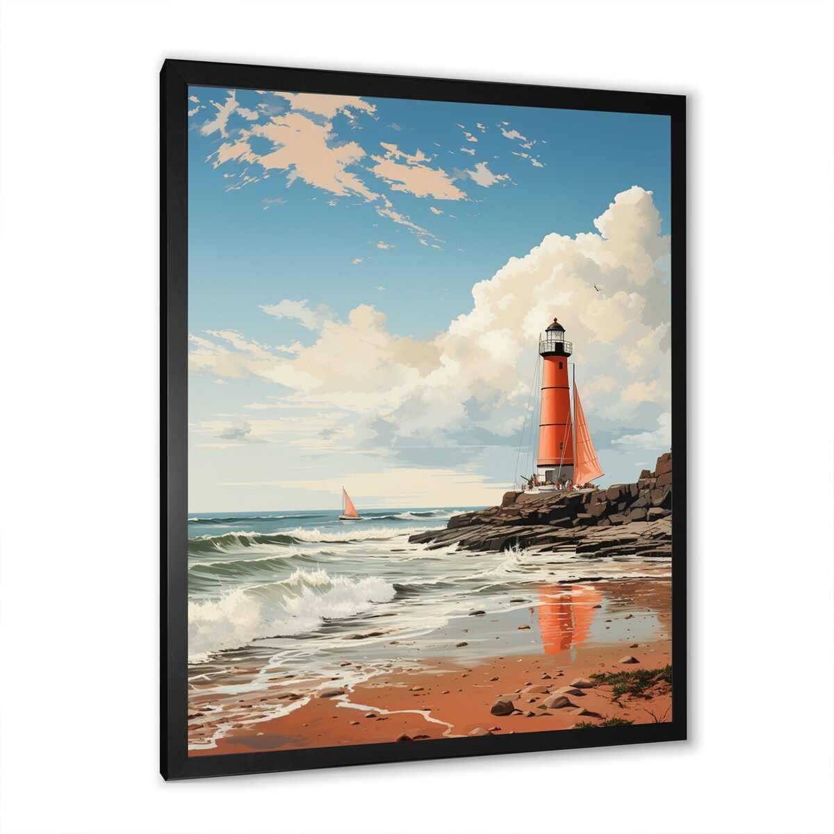 Designart "Retro Beach Illustration Red Lighthouse Beach" Beach Framed Wall Art Prints