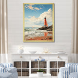 Designart "Retro Beach Illustration Red Lighthouse Beach" Beach Framed Wall Art Prints