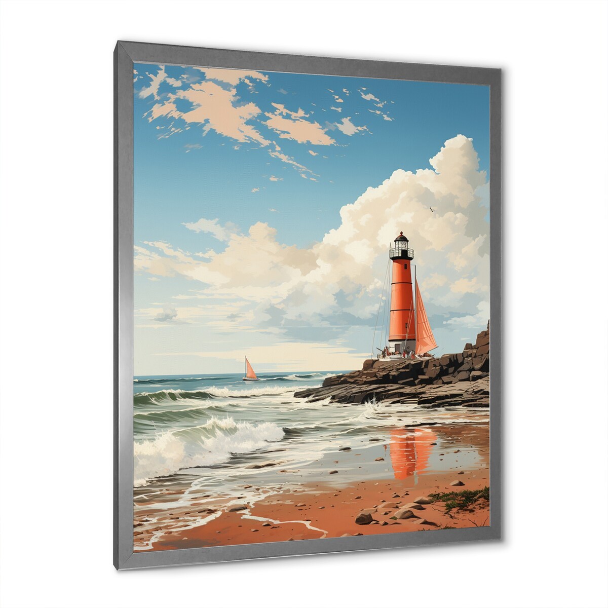 Designart "Retro Beach Illustration Red Lighthouse Beach" Beach Framed Wall Art Prints