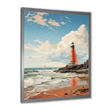Designart "Retro Beach Illustration Red Lighthouse Beach" Beach Framed Wall Art Prints
