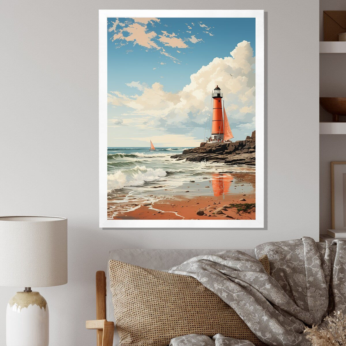 Designart "Retro Beach Illustration Red Lighthouse Beach" Beach Framed Wall Art Prints
