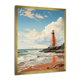 Designart "Retro Beach Illustration Red Lighthouse Beach" Beach Framed Wall Art Prints