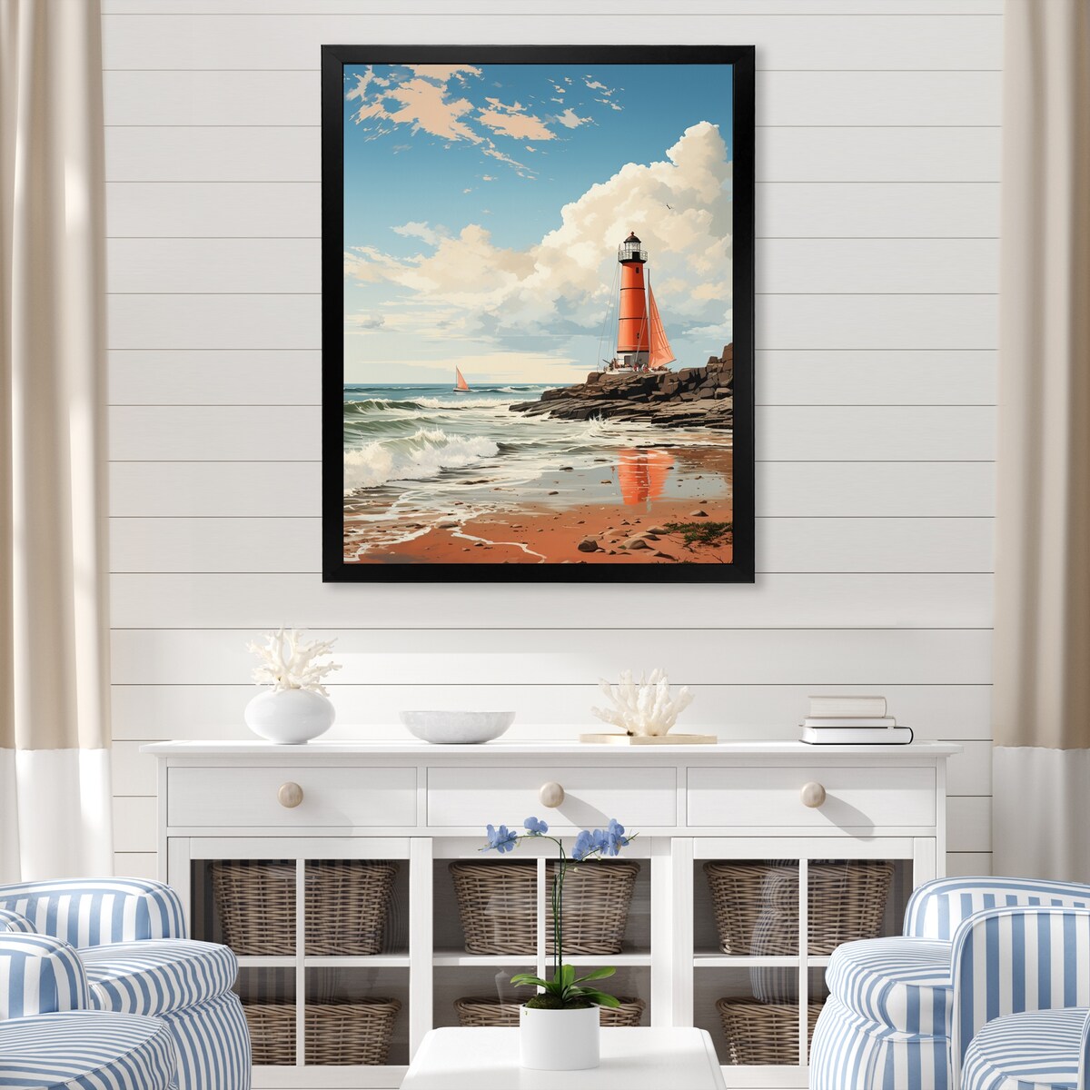 Designart "Retro Beach Illustration Red Lighthouse Beach" Beach Framed Wall Art Prints