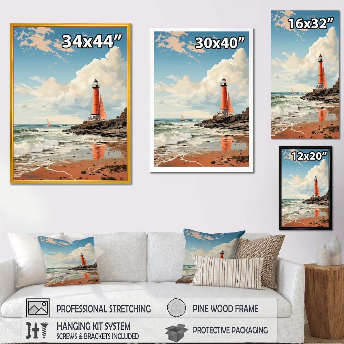 Designart "Retro Beach Illustration Red Lighthouse Beach" Beach Framed Wall Art Prints