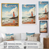 Designart "Retro Beach Illustration Red Lighthouse Beach" Beach Framed Wall Art Prints