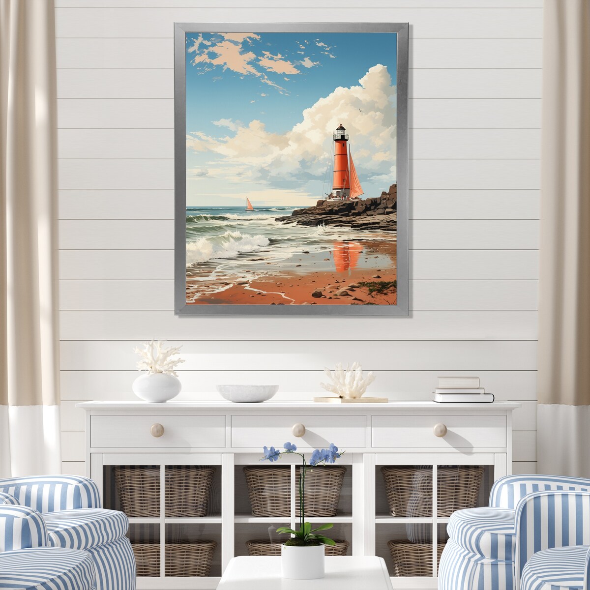 Designart "Retro Beach Illustration Red Lighthouse Beach" Beach Framed Wall Art Prints