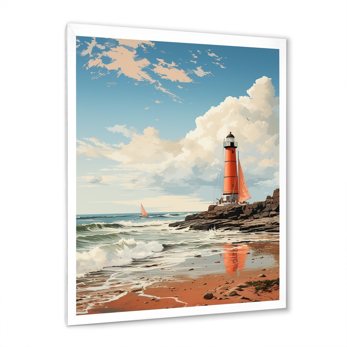 Designart "Retro Beach Illustration Red Lighthouse Beach" Beach Framed Wall Art Prints