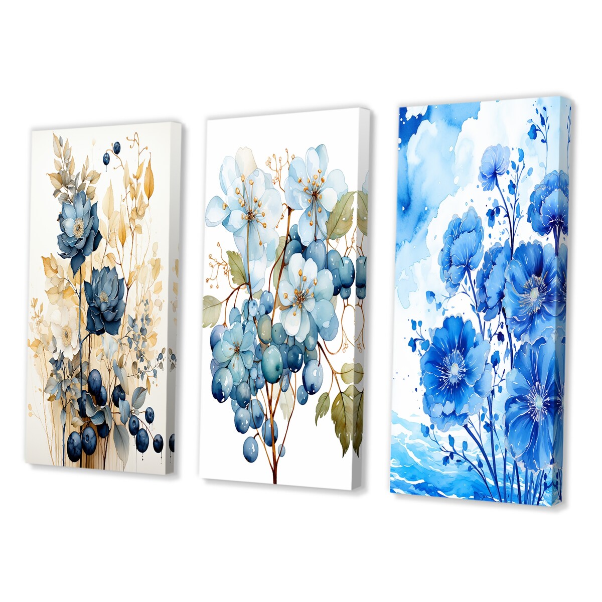 Designart "Retro Blooming Blue Rose Vintage Watercolor" Flowers Blue - Canvas Set Of 3 For Living Room Decor