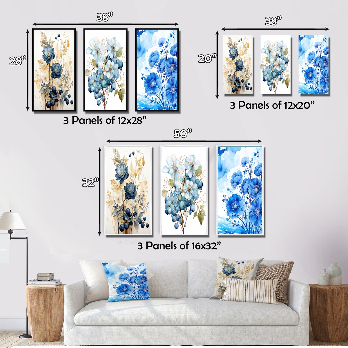 Designart "Retro Blooming Blue Rose Vintage Watercolor" Flowers Blue - Canvas Set Of 3 For Living Room Decor