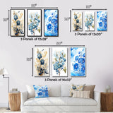 Designart "Retro Blooming Blue Rose Vintage Watercolor" Flowers Blue - Canvas Set Of 3 For Living Room Decor