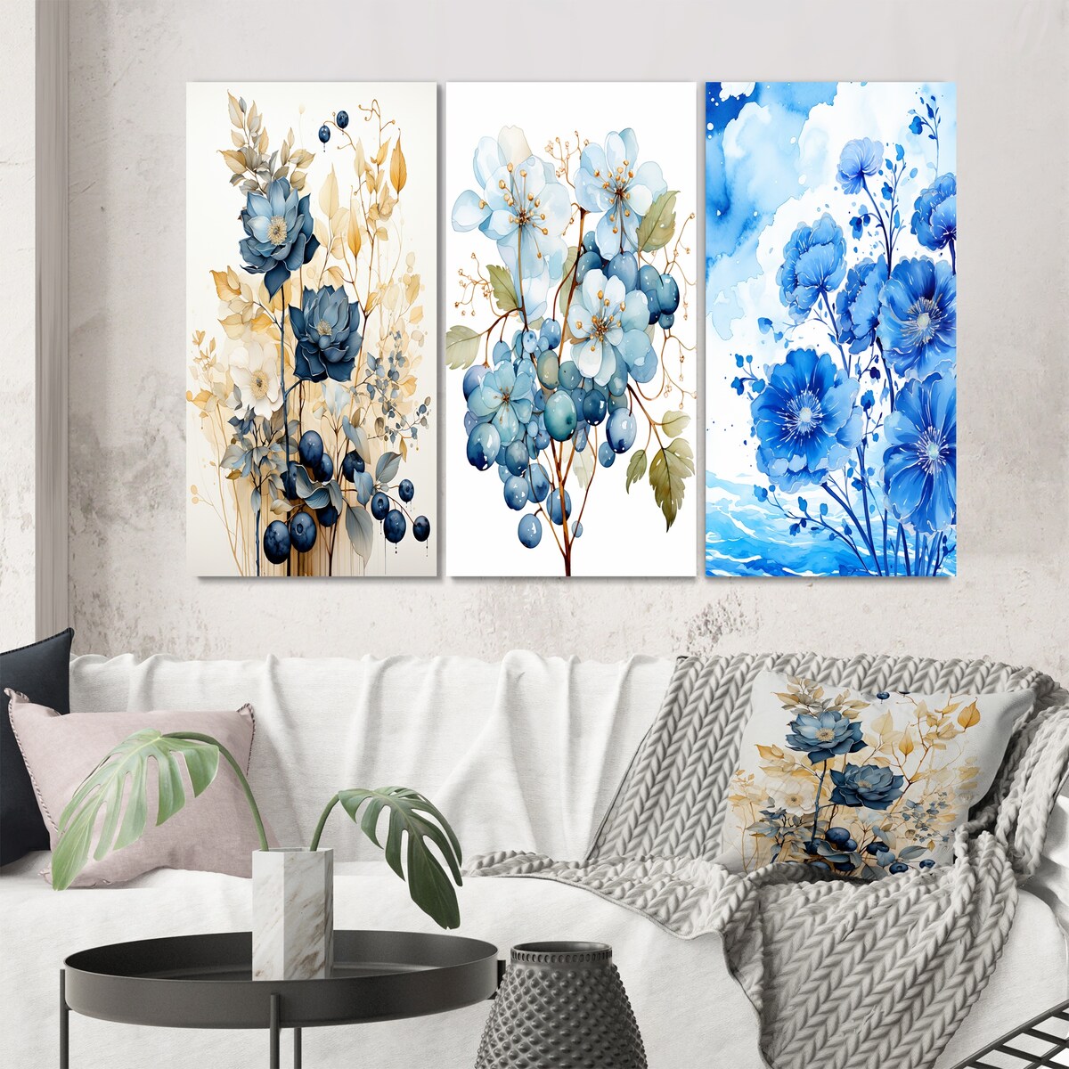 Designart "Retro Blooming Blue Rose Vintage Watercolor" Flowers Blue - Canvas Set Of 3 For Living Room Decor