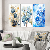Designart "Retro Blooming Blue Rose Vintage Watercolor" Flowers Blue - Canvas Set Of 3 For Living Room Decor