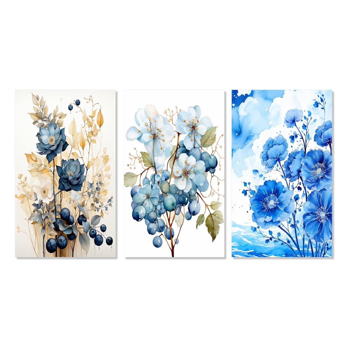 Designart "Retro Blooming Blue Rose Vintage Watercolor" Flowers Blue - Canvas Set Of 3 For Living Room Decor