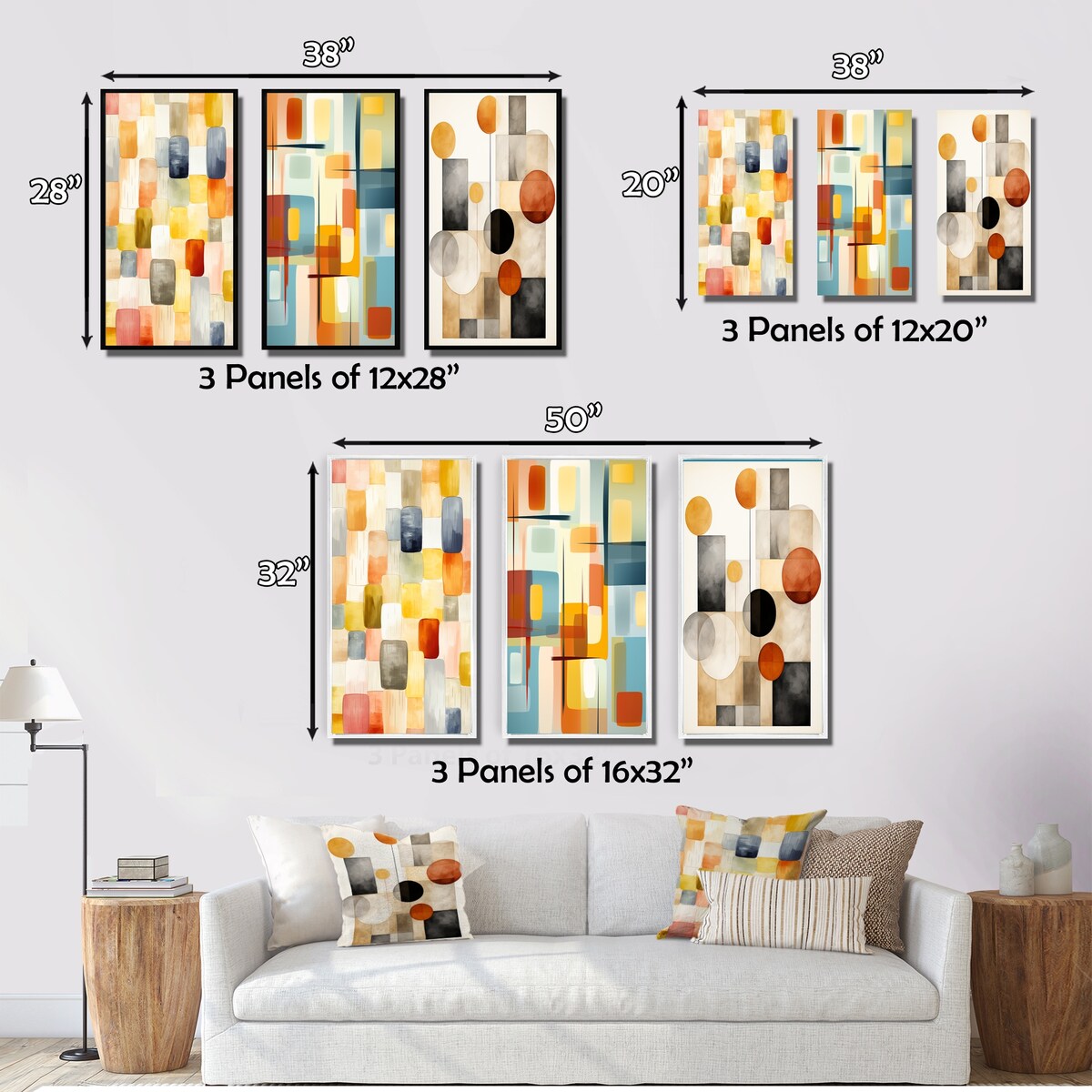 Designart "Retro Cubist Abstract Retro Composition" Modern Midcentury Wall Art Set Of 3 Gallery Wall Set For Home Decor