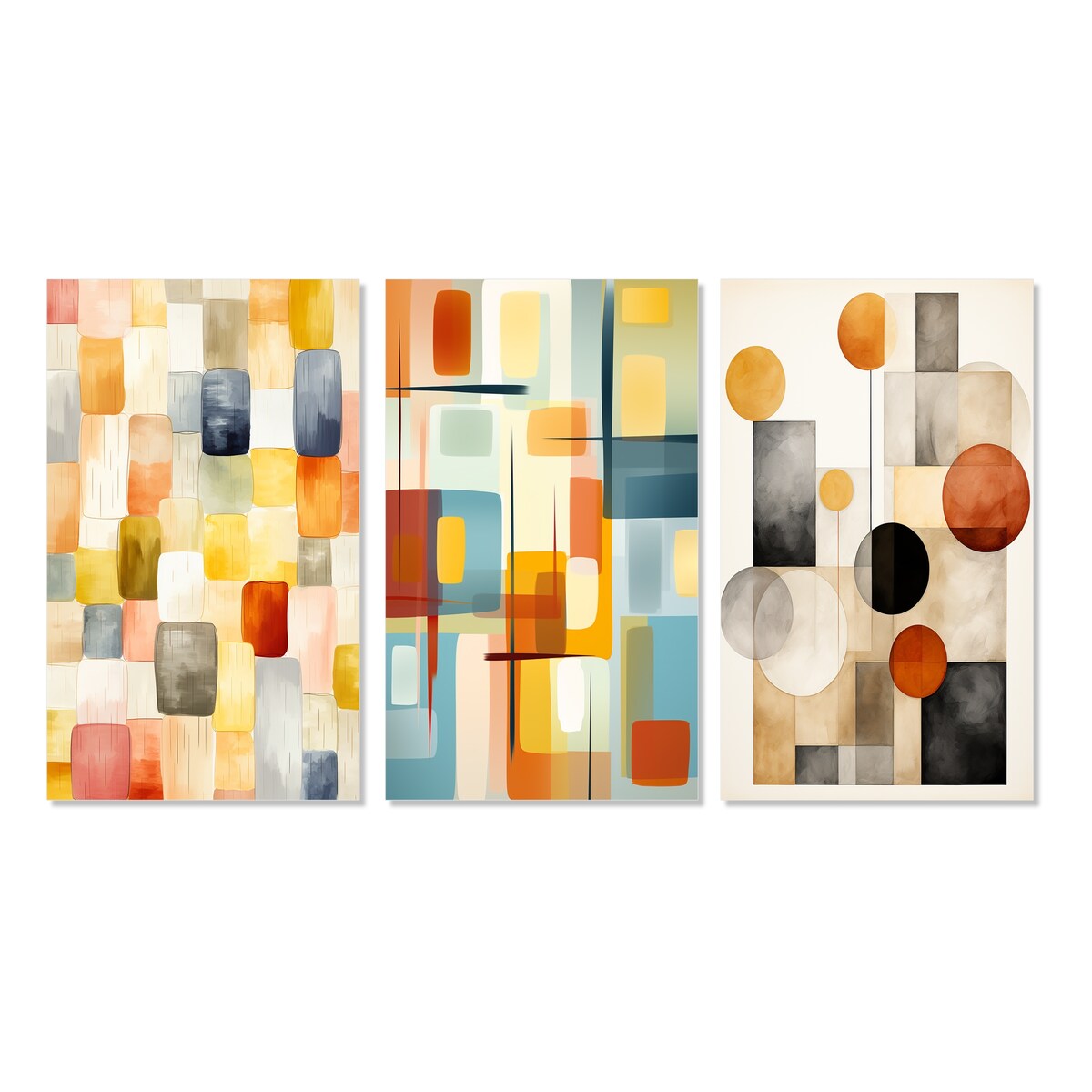 Designart "Retro Cubist Abstract Retro Composition" Modern Midcentury Wall Art Set Of 3 Gallery Wall Set For Home Decor