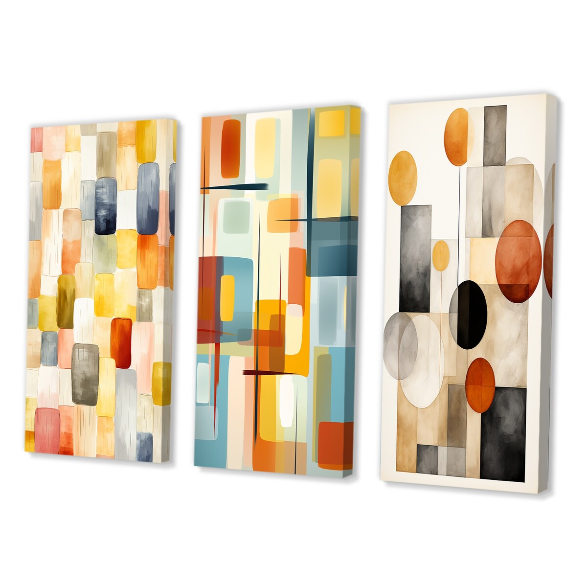 Designart "Retro Cubist Abstract Retro Composition" Modern Midcentury Wall Art Set Of 3 Gallery Wall Set For Home Decor