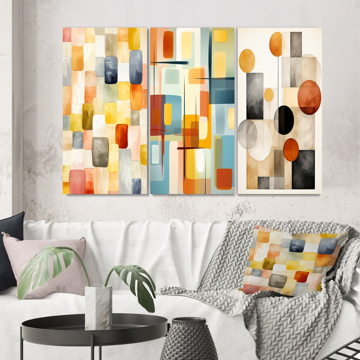 Designart "Retro Cubist Abstract Retro Composition" Modern Midcentury Wall Art Set Of 3 Gallery Wall Set For Home Decor
