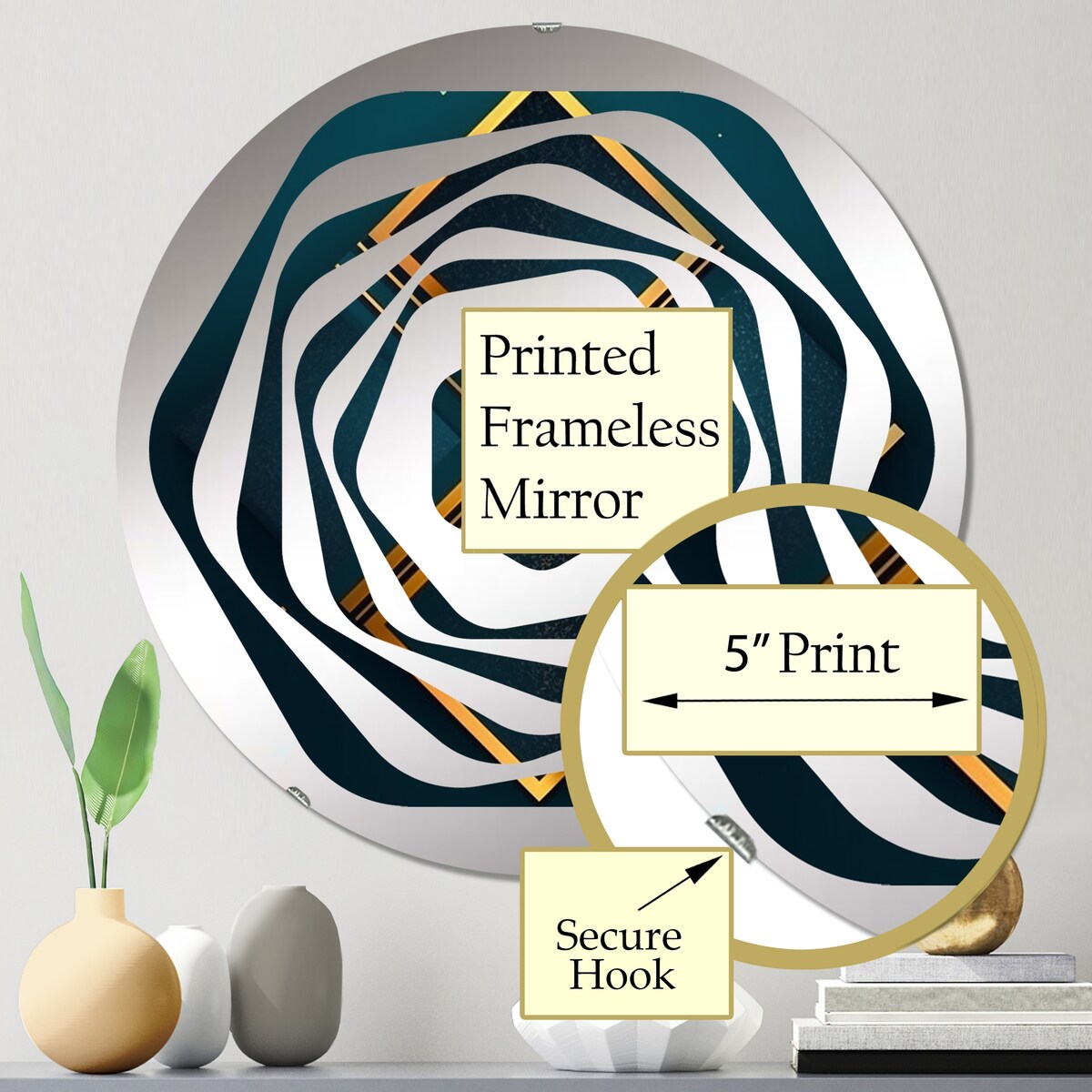 Designart "Retro Diamond Geometry in Teal And Gold" - Modern Abstract Geometric Amorphe Decorative Mirror