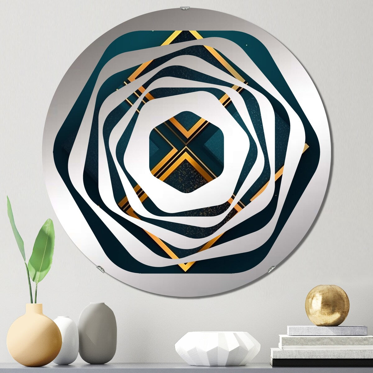 Designart "Retro Diamond Geometry in Teal And Gold" - Modern Abstract Geometric Amorphe Decorative Mirror