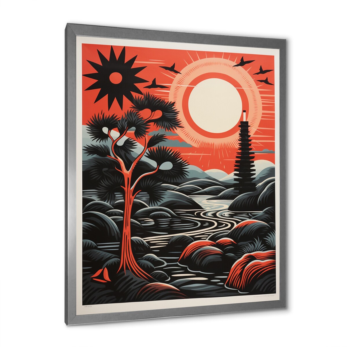 Designart "Retro Full Moon Landscape In Red And Black" Animals Owl Framed Canvas Wall Art